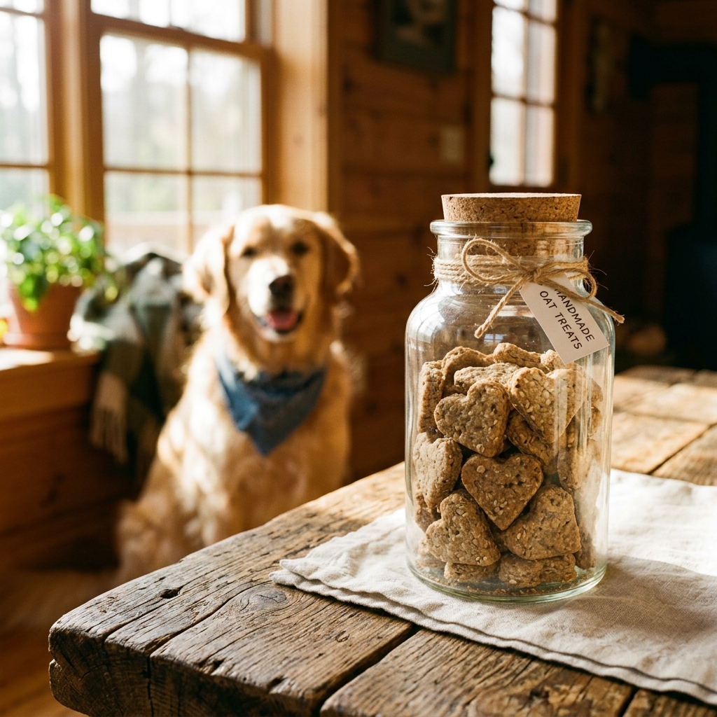 Healthy heart-shaped Waggin Oats dog treats in a jar next to a golden retriever